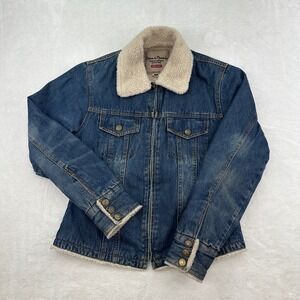 Steve & Barrys Womens Denim Jacket Sherpa Collar Lined Full Zip Trucker Style